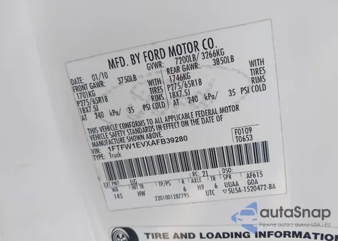 2010 Ford F-150 Fx4/Harley-Davidson/King Ranch/Lariat/Platinum/Xl/Xlt из США, поврежденный, VIN 1FTFW1EVXAFB39280